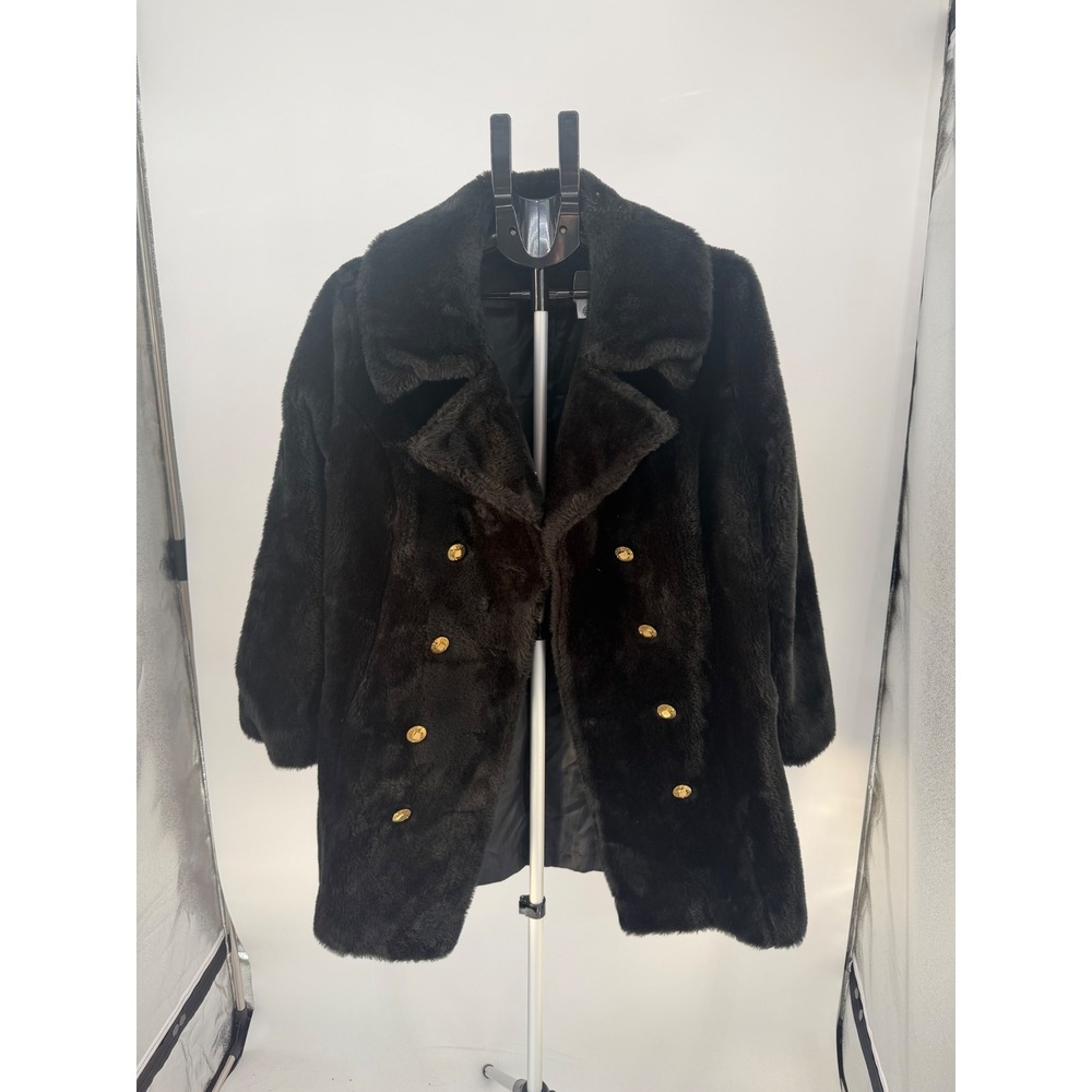 Montgomery Ward Faux Fur Coat Women XL Black Excellent Vintage Gold Buttons